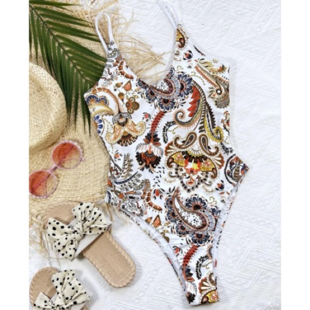 Boho Paisley Floral Print One Piece Monokini Swimsuit - Picture 4 of 5
